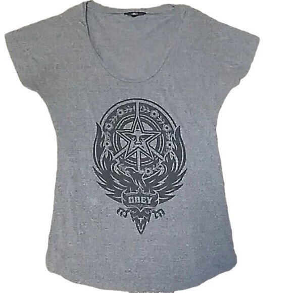 Obey Gray Logo y2k Scoop Neck T-shirt - Picture 1 of 4